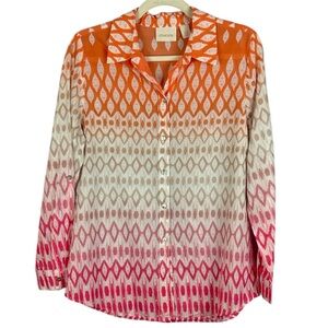 Chico's Vibrant Cotton Ombre Orange Pink Button-Down Long Sleeve Medium Blouse